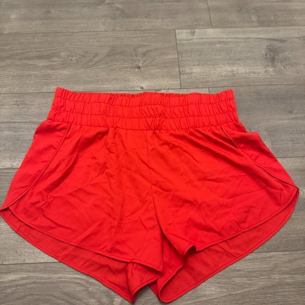 Red Athletic Running Shorts | Elastic Waist | Flowy Dolphin Hem - Picture 2 of 6